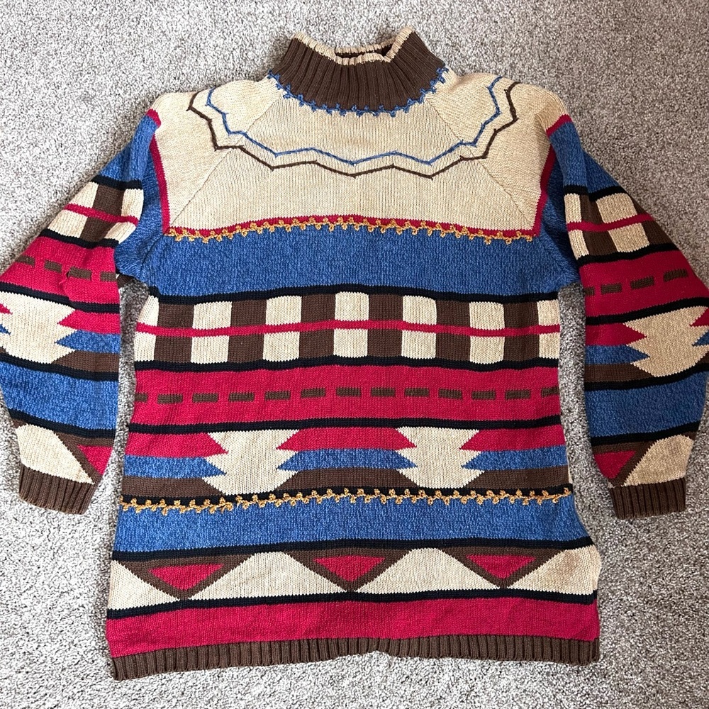 VTG 90’s LizSport Mock Neck Southwestern Tribal Long Sweater. Cowgirl. Western
